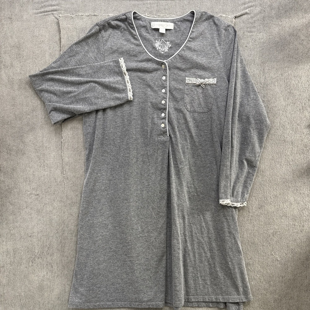 Eileen West Womens L Gray Interlock Knit Long Sleeve Nightgown Lace Trim Modest